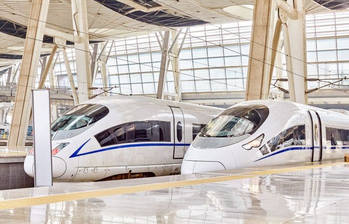 Modern high speed trains at a railway station