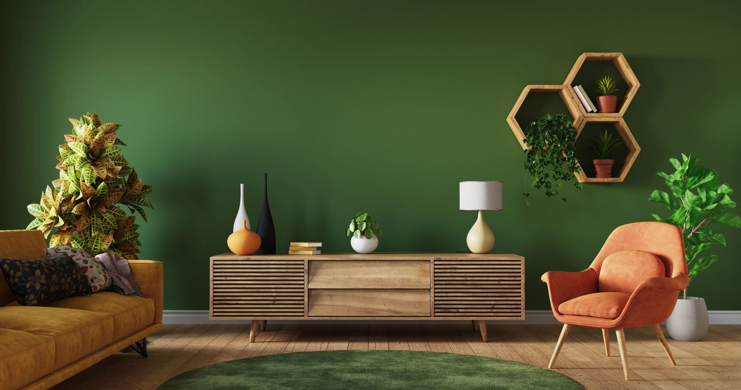 Dark living room interior with wooden furniture and plants